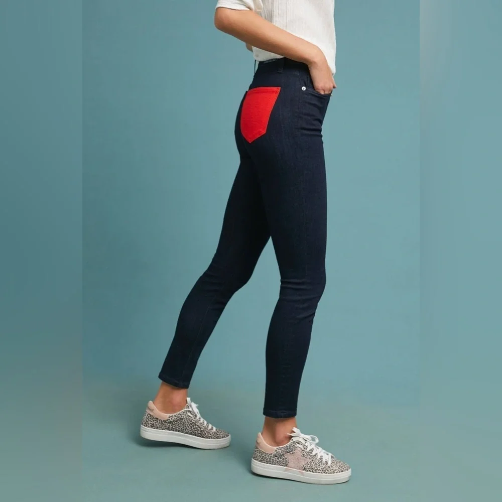 NWT CURRENT/ELLIOTT Ultra High Waist Skinny Jeans, Dark Blue w/ Red Accents, 26 - Picture 3 of 12